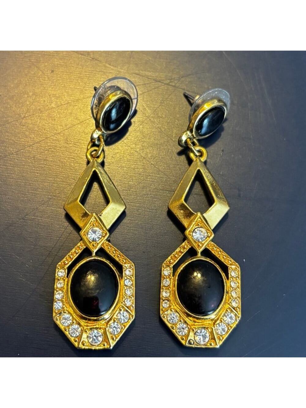 Avon EUC Vintage Age of Elegance Dangle Pierced Earrings Gold Tone Black
